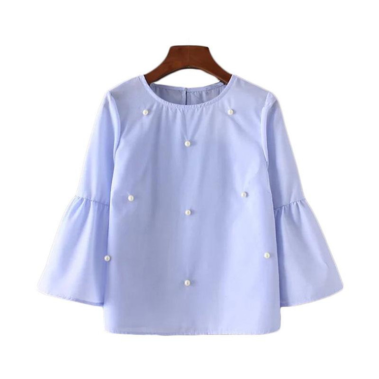2018 New women elegant pearls beading striped shirt flare sleeve O neck Blouses ladies summer brand casual tops Tees blusas