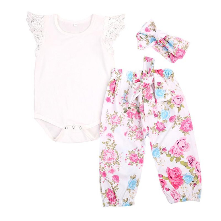 Floral Newborn Baby Girls 3PCS Outfit Set - Lace Sleeve Bodysuit, Long Pants & Headband Costume for Infants