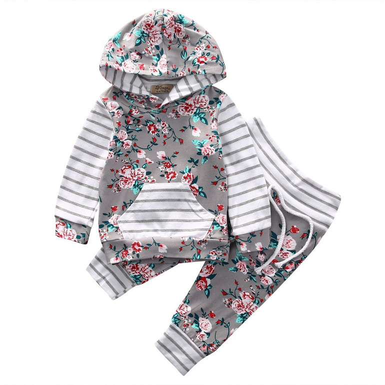 Adorable Floral Stripe Hooded Outfit Set for Newborn Baby Girls - 2 Piece Clothing Set AU