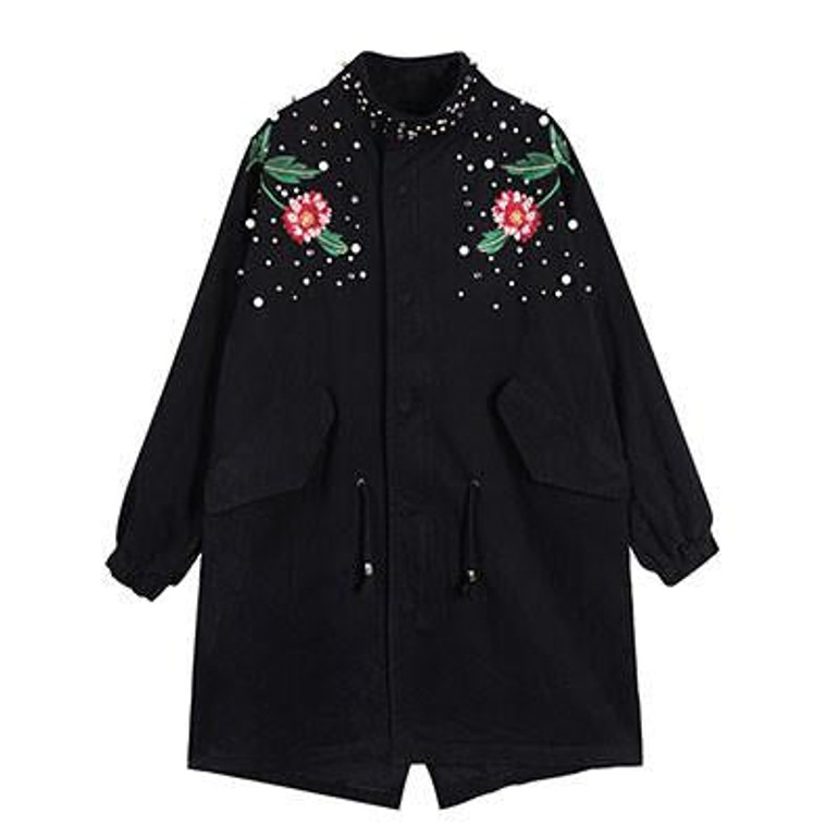 Women's Floral Embroidered Spring Bomber Jacket - Vintage Long Windbreaker Coat with Rivet Pearl Zipper Outwear