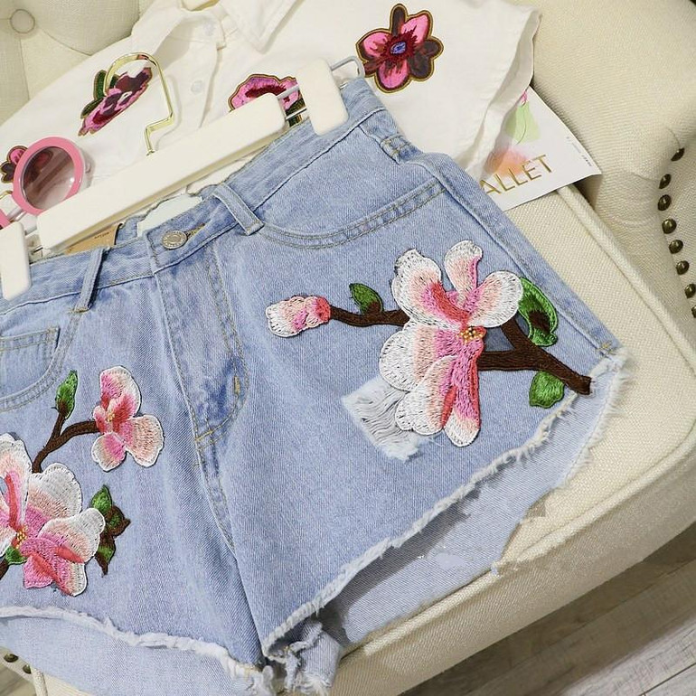 Embroidered Floral Denim Shorts for Women - Light Blue Casual Summer Jean Shorts with Flower Design