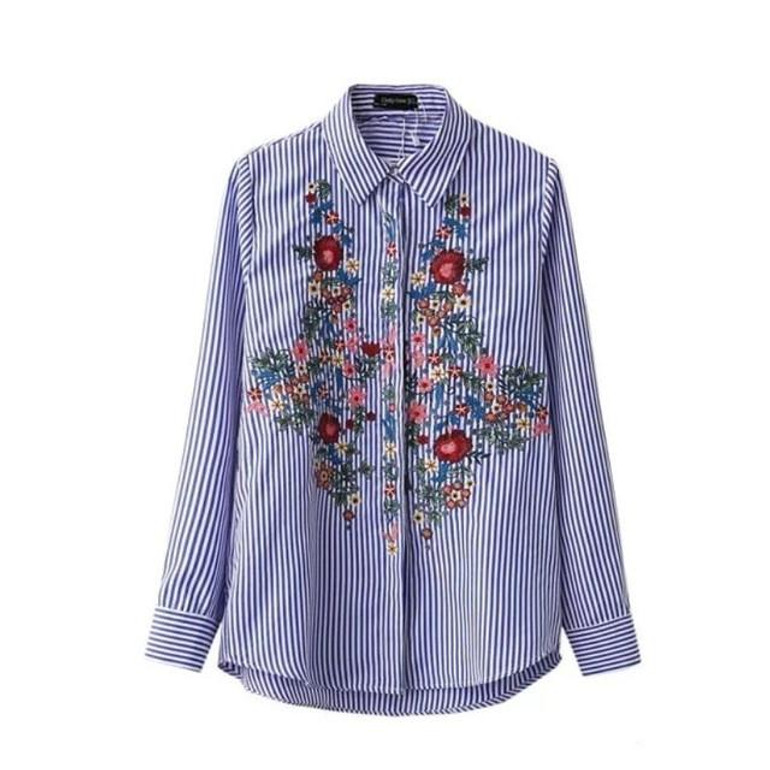 Embroidered Floral Cotton Blouse for Women - Stylish Striped Long Sleeve Blue Shirt Perfect for Casual Wear - Blusa Feminina S992
