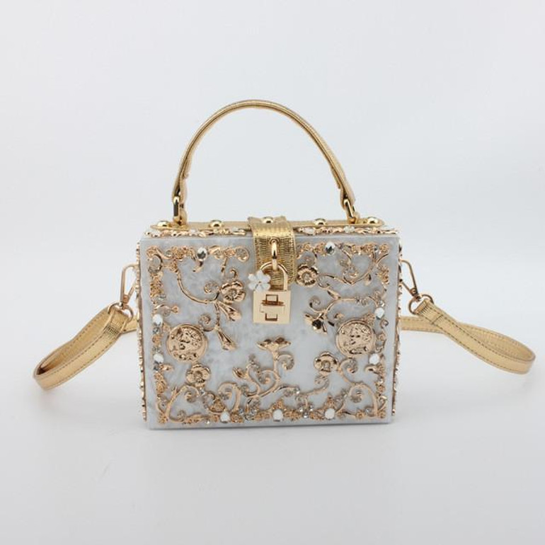 Floral Crystal Evening Clutch Bag for Women - Elegant Silver Hardcase Crossbody Totes and Acrylic Handbags