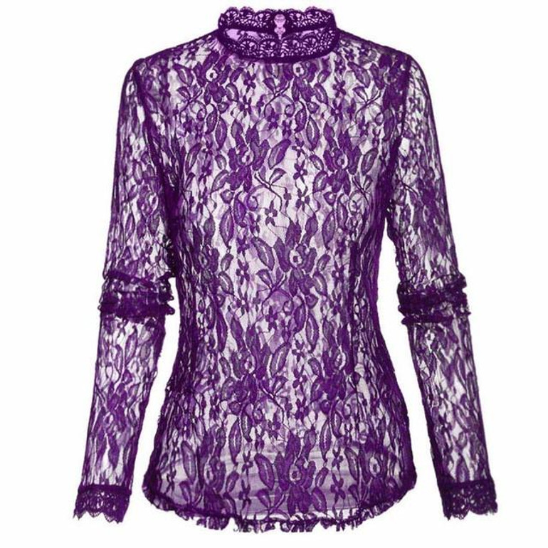 FINEJO Plus Size Sexy Slim Lace Hollow Out Black Blouse for Women - Long Sleeve Stand Collar Fashion Top