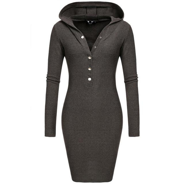 FINEJO Plus Size 3XL Autumn Hooded Bodycon Dress for Women - Sexy Long Sleeve V Neck Cotton Pencil Dress for Casual and Party Wear