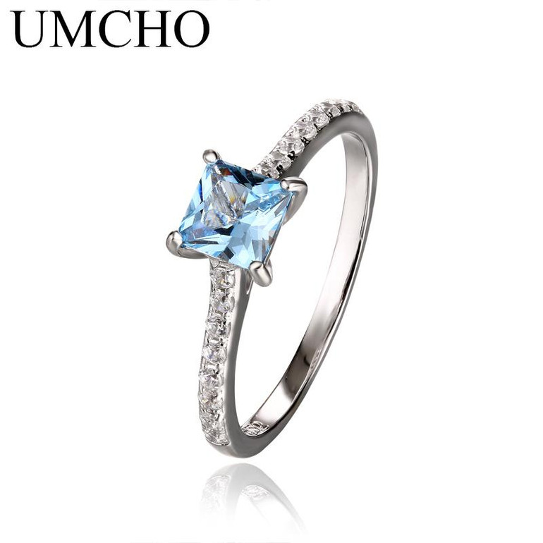 UMCHO 5*5mm Sky Blue Topaz Ring Engagement Wedding Ring 925 Sterling Silver Rings For Women Anniversary Vintage Gift Jewelry