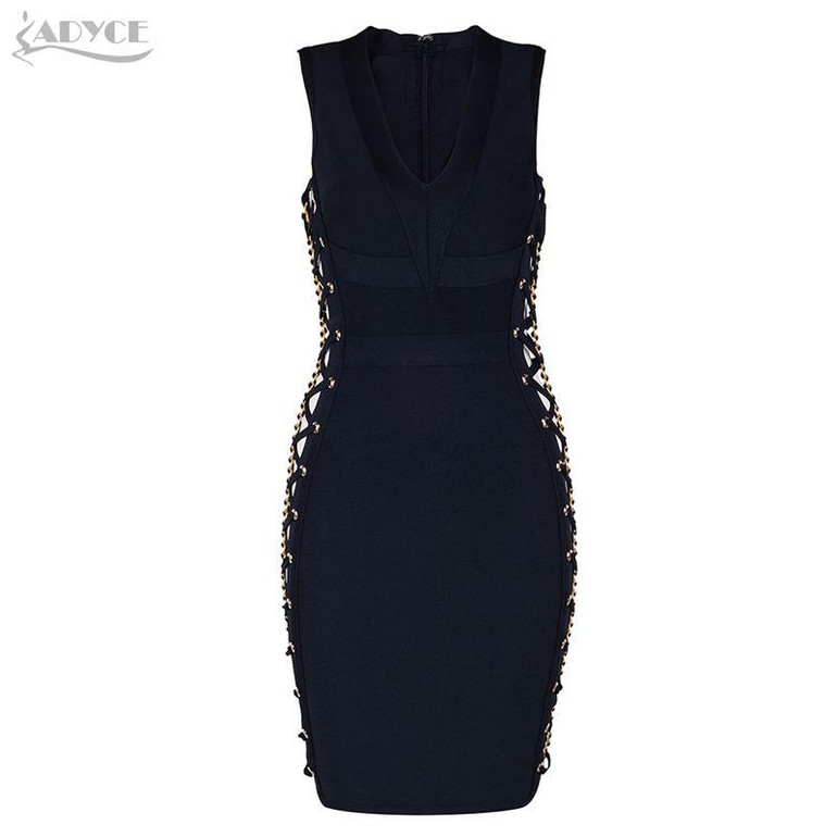 Adyce 2017 New Women Summer Bandage Dress V-neck Mini Dresses Hollow Out Mesh Sleeveless Back Zipper Sexy Evening Party Vestidos