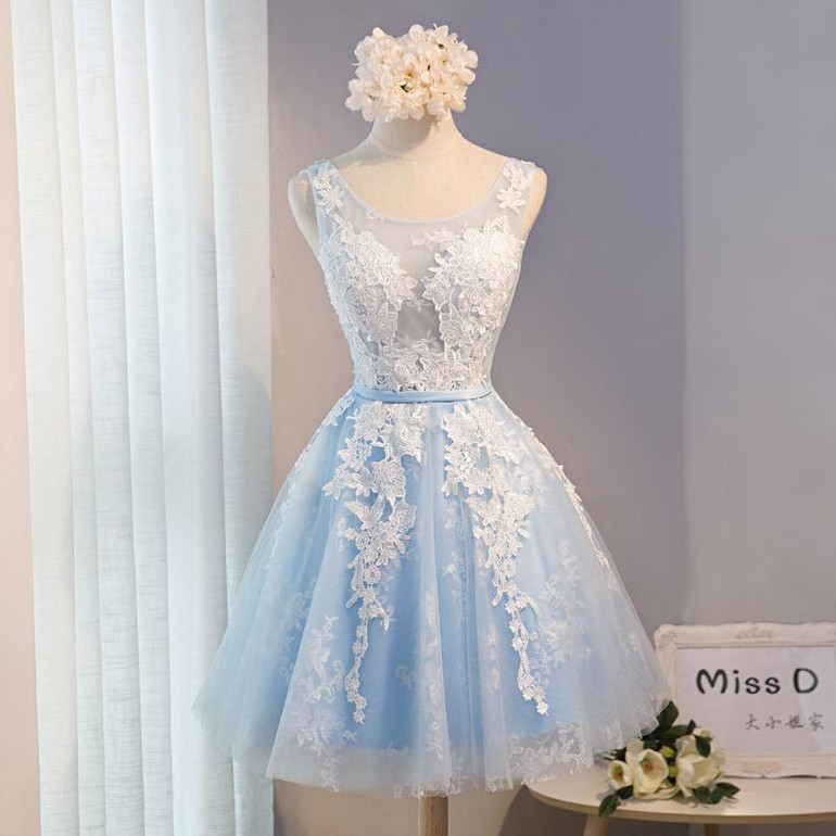 Blue Lace Cocktail Dresses Scoop Neck Tank Appliques Knee-Length A-Line Cocktail Party Dress robe de cocktail