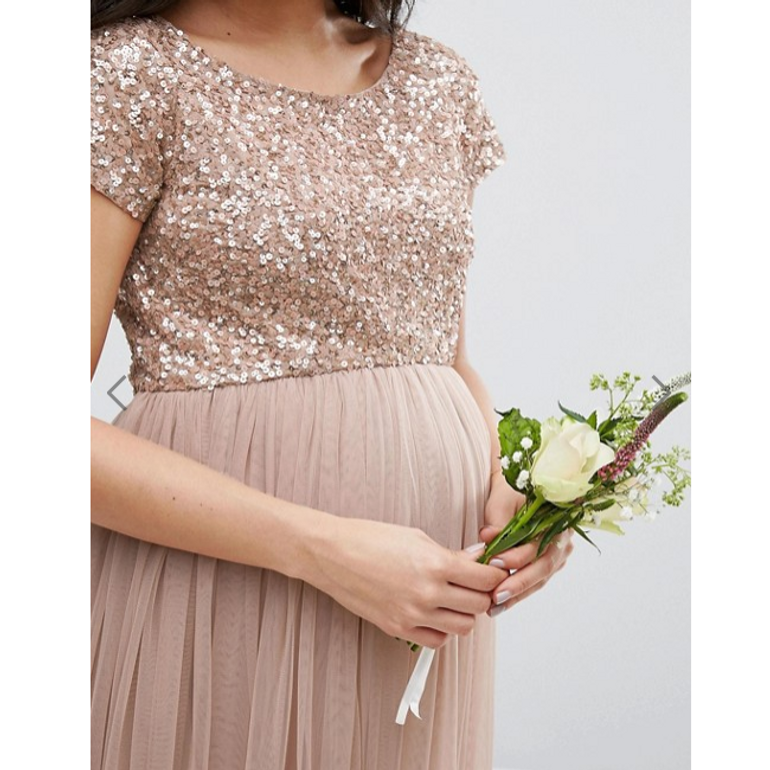 Maternity Maxi Tulle Dress With Tonal Delicate Sequins