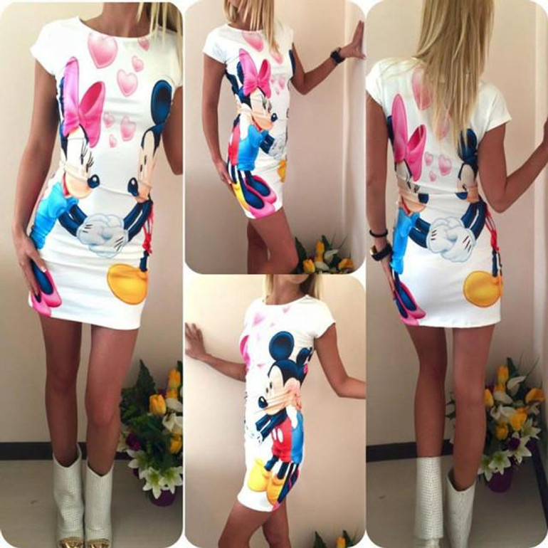2017 New Fashion Women Summer Plus Size S-3XL Short Sleeve Slim Bodycon Cartoon Mouse Print Sexy Mini Dress Vestido Curto Cortos