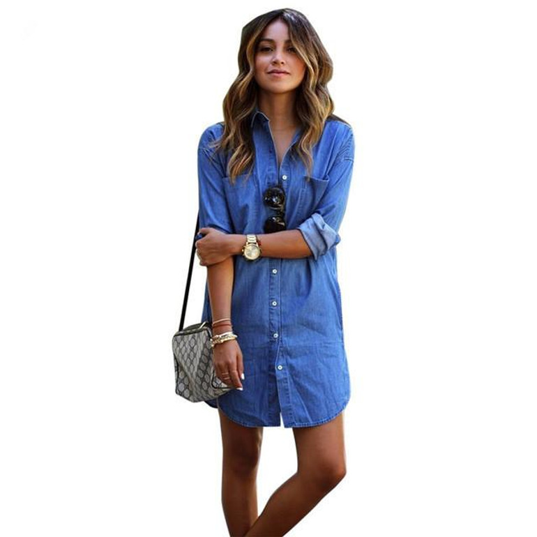 Autumn 2017 New Fashion women Blue Denim dress Casual Loose long Sleeved T shirt Dresses Straight dress Plus size