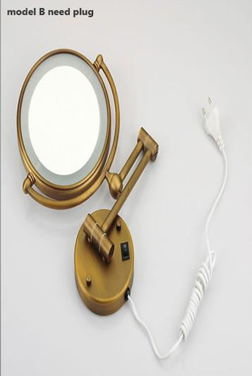 Antique Brass LED Light Makeup Mirrors 8"Round Dual Sides 3X /1X Mirrors Bathroom Cosmetic Mirror Wall Mount Magnifying Mirror
