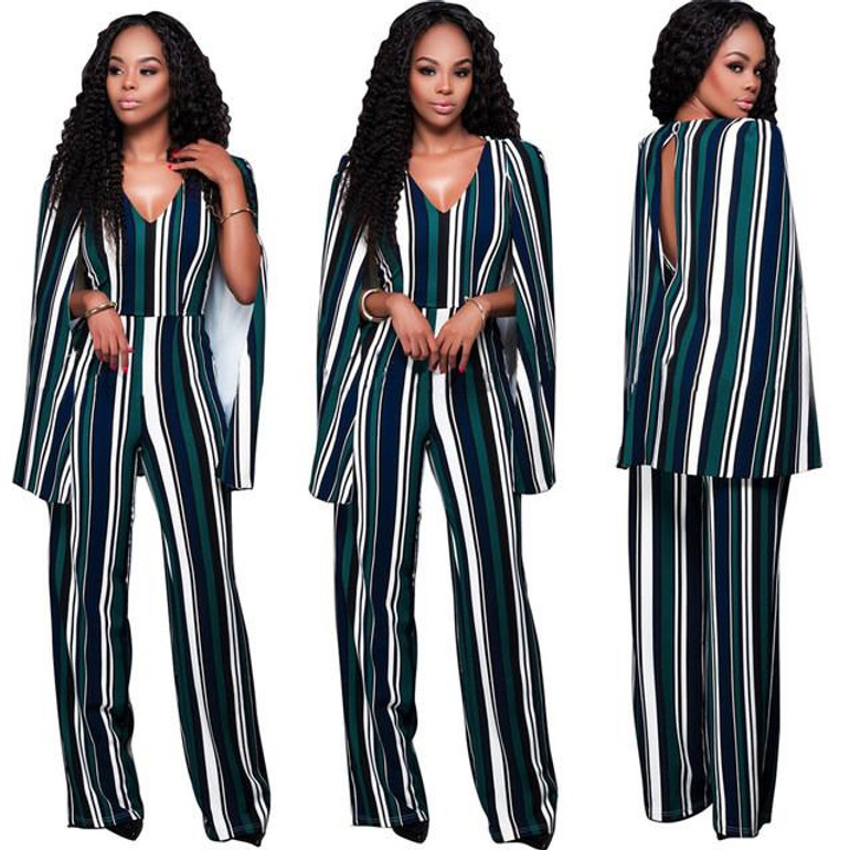 High Waist Elegant Office Jumpsuits 2017 Sleeveless Backless Shawl Playsuits Bodysuit Women V-Neck Striped Autumn Winter Rompers