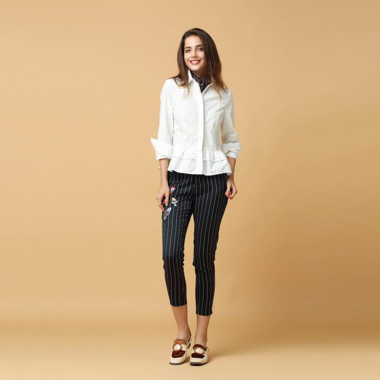 HDY Haoduoyi Fashion Blouse Women Ruffle Hem Chiffon Shirt Turn-Down Collar Long Sleeve Tops Vintage Elegant  Slim Shirt