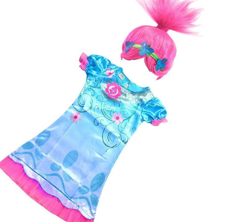 Dropshipping New Summer Carnival Costume Trolls Dress For Kids Poppy Lace Dress Baby Girls Troll clothes Children Party Dress