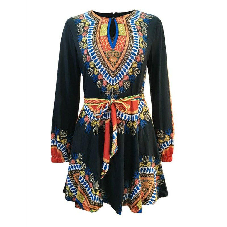 2017  African Print Black Dress Hot Women African Print Black Dress Long Sleeve Autumn Winter Dashiki Dresses For Women Clothing