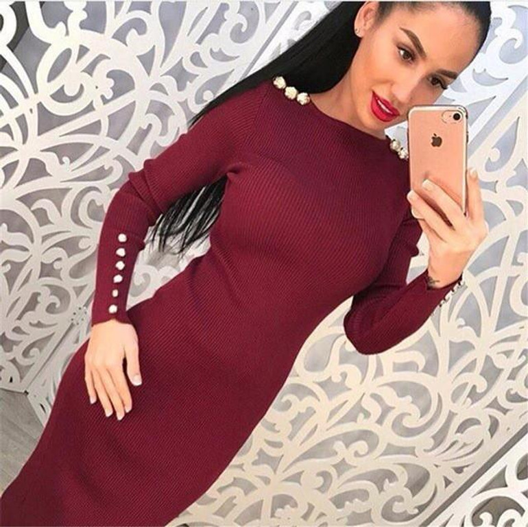 2017 Fashion Party Dress Women Sexy Sheath Bodycon Knitted Midi Dress Solid Long Sleeve Package Hip Dress Vestidos S-XL LJ7338E