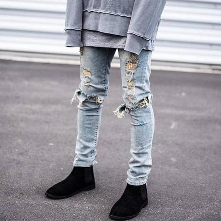 2017 Fashion Men Denim Pants Jeans Ripped Holes Skinny Elastic Slim Fit Cool Punk Long Trousers JL