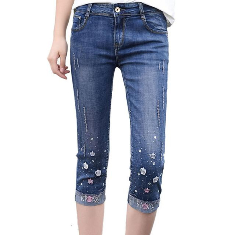 2017 Summer Fashion Women High Waist Skinny Jeans Embroidery Pencil Pants Capris Female Stretch Casual Cotton Hole Denim Pants