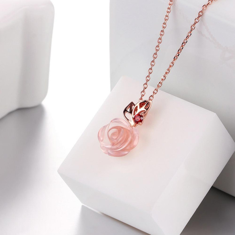MoBuy MBNI025 Unique Rose Flower Natural Gemstone Rose Quartz Necklace & Pendant 925 Sterling Silver Gold Plated Fine Jewelry
