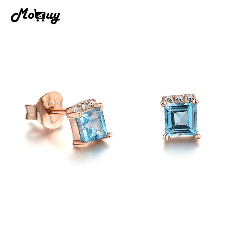 MoBuy MBEI046 Square Blue Natrual Gemstone 4mm Topaz Stud Earrings 925 Sterling Silver White Gold Plated S925 Jewelry For Women