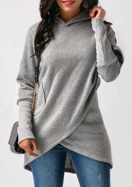2017 Pocket Asymmetric Hem Long Sleeve Hooded Sweatshirt Female Long Sleeve Pullovers Women Hoodie