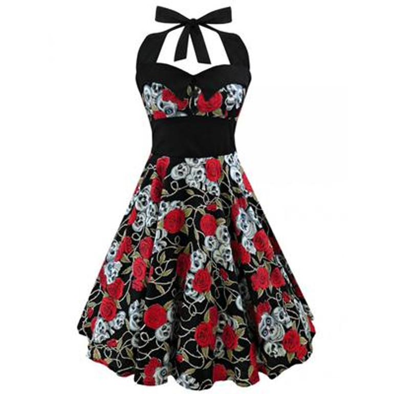 HimanJie Retro Vintage Style Sleeveless 3D Skull Floral Printed 2017 Summer Women Dress Halter Plus Size Party Sexy Casual Dress HimanJie Retro Vintage Style Sleeveless 3D Skull Floral Printed 2017 Summer Women Dress Halter Plus Size Party Sexy Casual Dress
