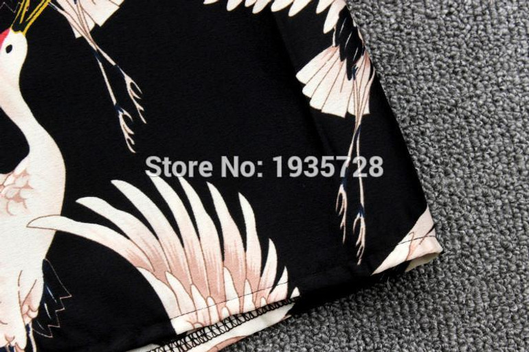 2017 New Black Flowing Printed Wide Leg Cropped Trousers - Red-crowned Crane Birds Printed Culottes With Side Zip Fastening