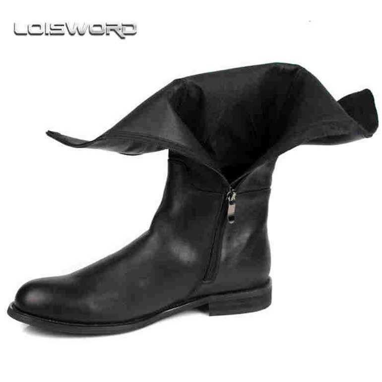 LOISWORD Large size EUR45 slim zipper knee high mens boots genuine leather motorcycle boots fashion mens winter boots
