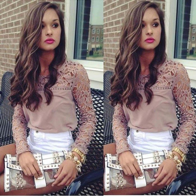 2017 Fashion Women Sexy Lace Crochet Embroidery Tops Long Sleeve Shirt Casual Blouse