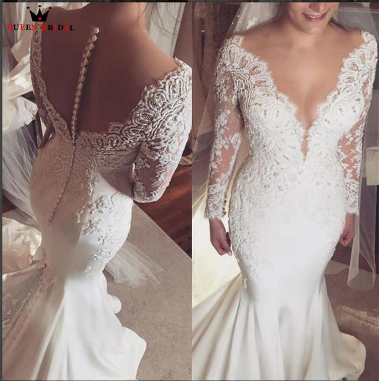 Mermaid Long Sleeve V-neck Chiffon Lace Beading Sexy Bride Wedding Dresses 2018 New Fashion Wedding Gowns Custom Made YB42
