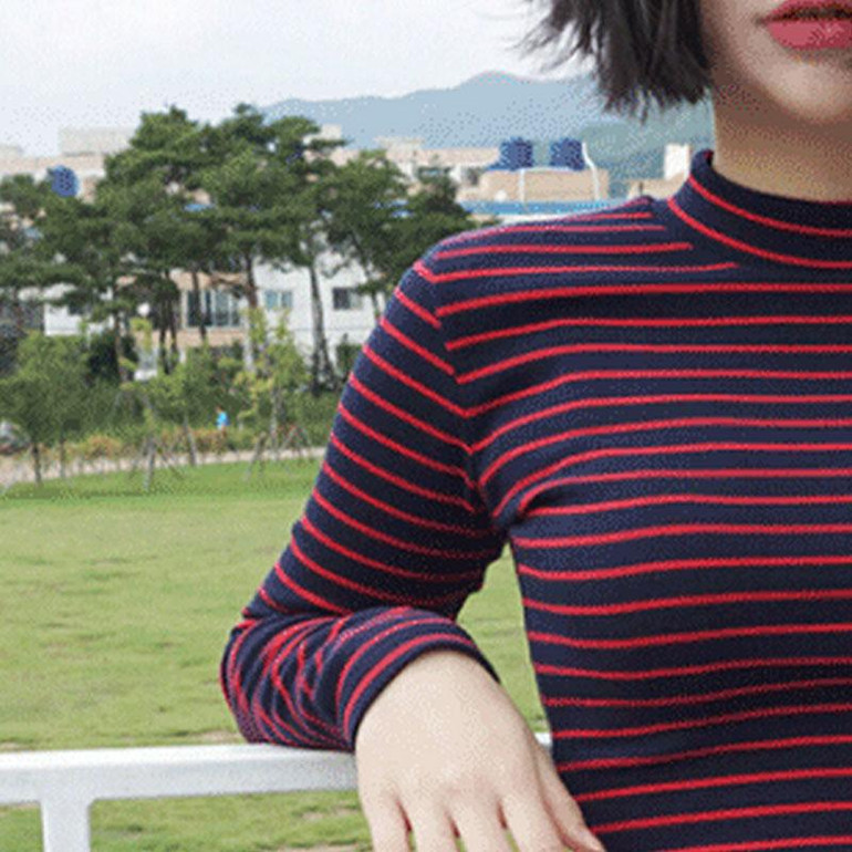 2017 New Stripe T-shirt Women Thin Short Slim Semi Turtleneck Long Sleeve T Shirts Kpop Harajuku Sexy Female Tops Clothes Autumn