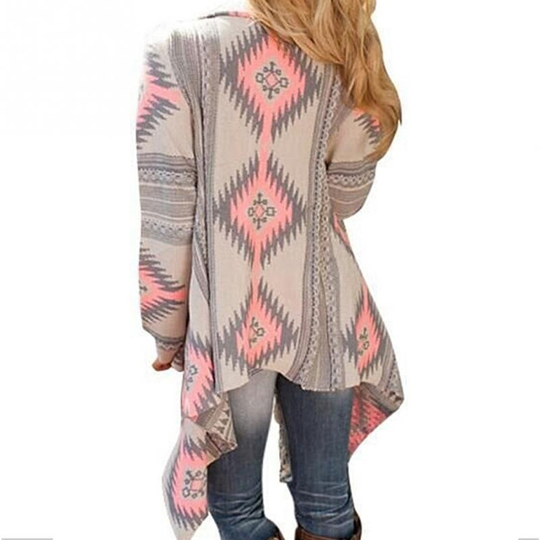 Long Sleeve Casual Women Long Cardigan Casual Blouse Irregular Coats Pink Cardigan Geometric Printed Cotton Knitted Poncho