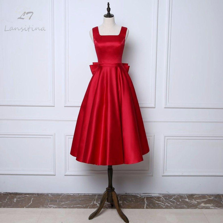 LANSITINA Tea-Length New Dark Red A-Line Evening Dresses Square Collar Satin Custom Made Prom Party Gown With A Big Bow