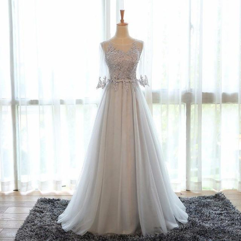 LANSITINA Elegant O-Neck A-Line Sweep Train Lace Evening Dress Cheap Prom Dresses Robe De Soiree Party Dress With Half Sleeves