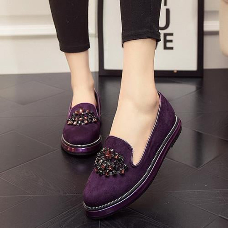 LALA IKAI Women Flats Loafers Rhinestone Flat Shoes Women Slip on Shoes for Women Suede Leather 60A0301-5