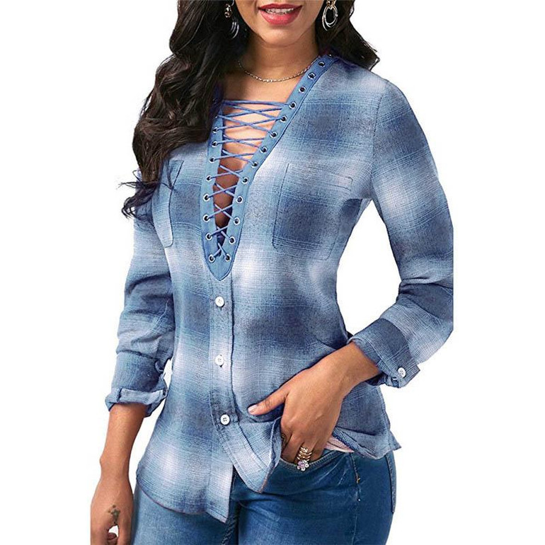 IYAEGE Womens Tops And Blouses 2018 Spring Plaid Shirts Casual Long Sleeve Blouse Sexy Lace Up Shirt Women Tunic Tops Blusas XXL