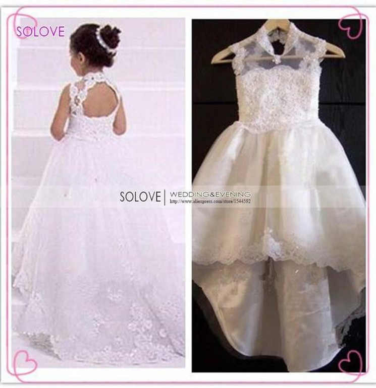 Ivory White Lace Flower Girls Dresses 2017 A Line Beading Floor Length Girls First Communion Dress Princess Dress F357