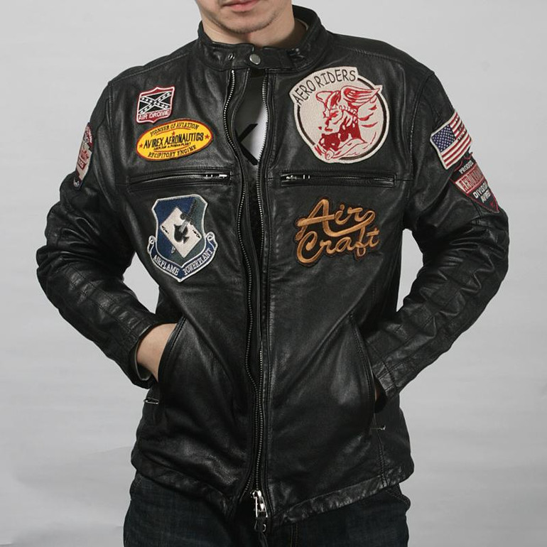 Avirex fly air force badge flight jacket men yellow black sheepskin mandarin collar pilot leather jacket men mortorcycle jacket