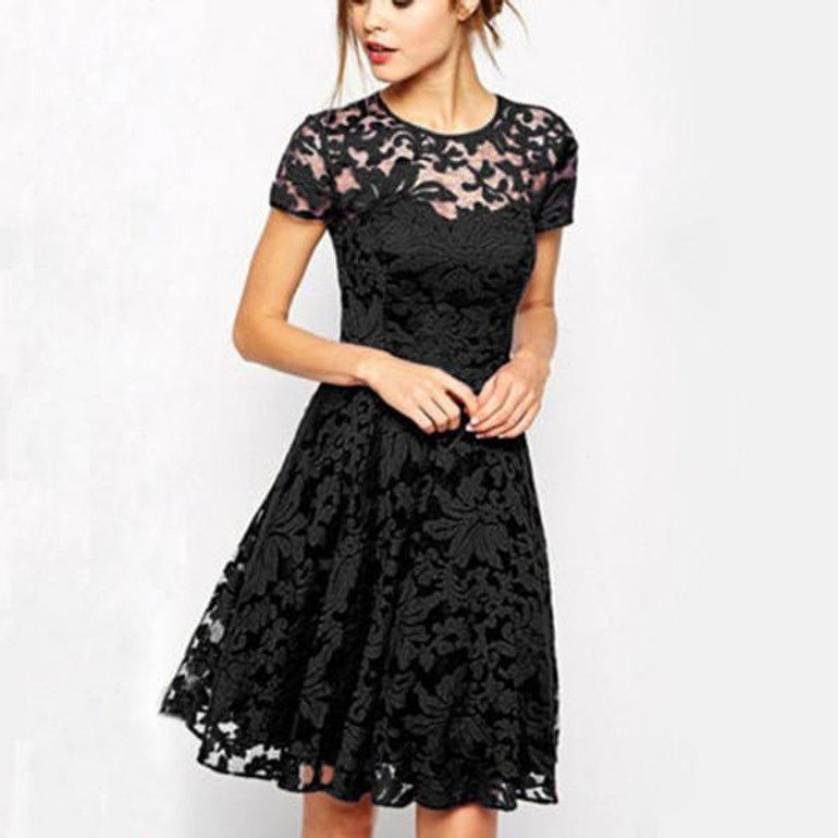 2017 New Women Floral Lace Dresses Short Sleeve Party Casual Color Blue Red Black Mini Dress Vestidos
