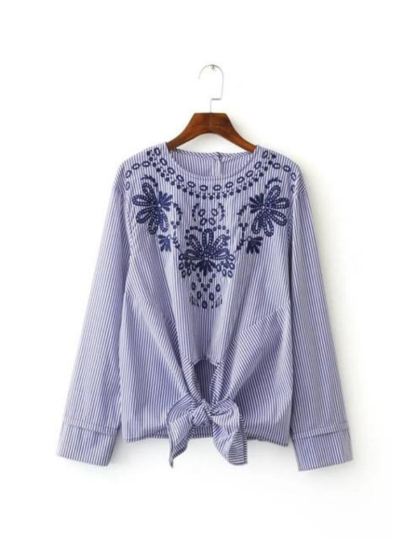 2017 new women elegant flower embroidery striped blouses shirt fashion women hem knot roupas femininas blusas long sleeve tops