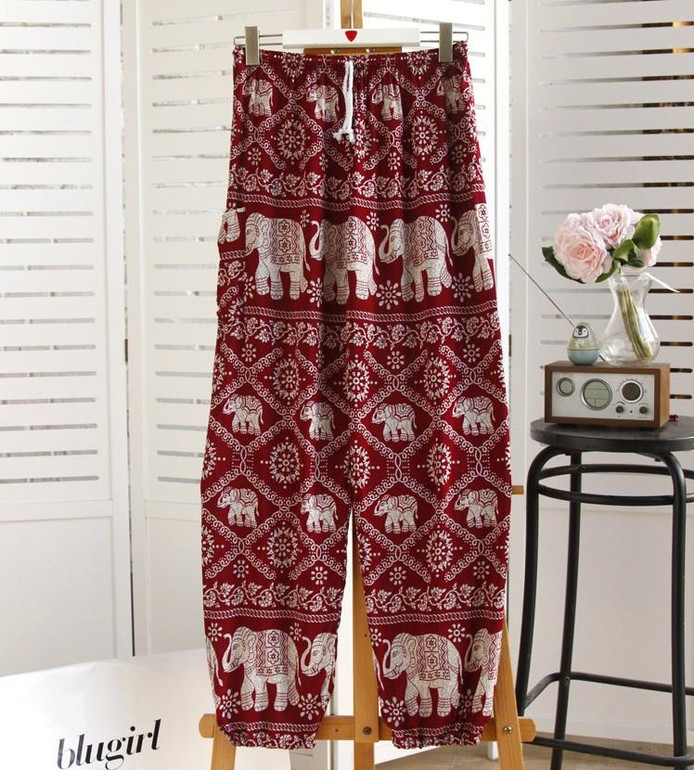 2017 New Summer Women Bohemian Print Loose Wide Leg Long Pants Female Cozy Elastic Waist Casual Boho Pants Trousers 7188