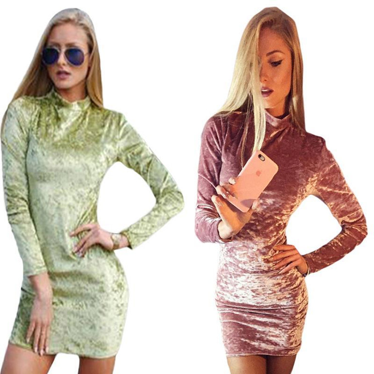 New Autumn Sexy Velvet Dresse Women Long Sleeve Turtleneck Dress For Party Club Elegant Bodycon Mini Pencil Dress WS3453O