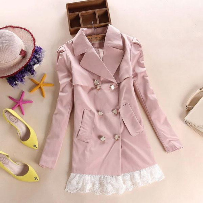 New Autumn Fashion Women Double-breasted casual Coat long outwear Slim Fit Lace Trench Coat Windbreaker Plus Size S M L