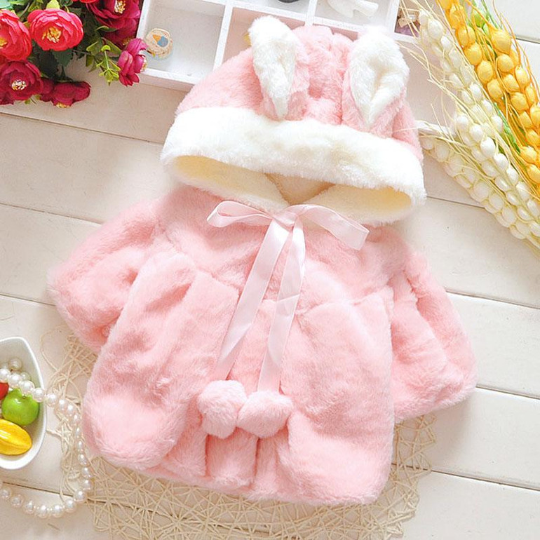 Fashion Autumn Winter Baby Girls Fleece Faux Fur Hooded Rabbit Ear Cloak Cape Kids Hoody Jacket Coat Cardigans Outwear MT1356