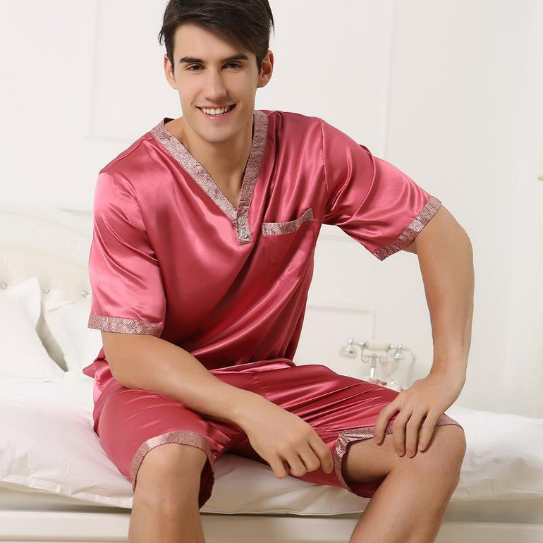 2017 autumn men silk pajamas sets of sleepshirt &amp; shorts adult sleepwear family casual home clothing plus