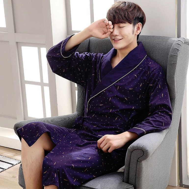 2017 Autumn Men Long Kimono Cotton Robes Nightgown Male Bathrobe Adult Sleepwear Nighty Casual Home Clothing Bath Robe Winter