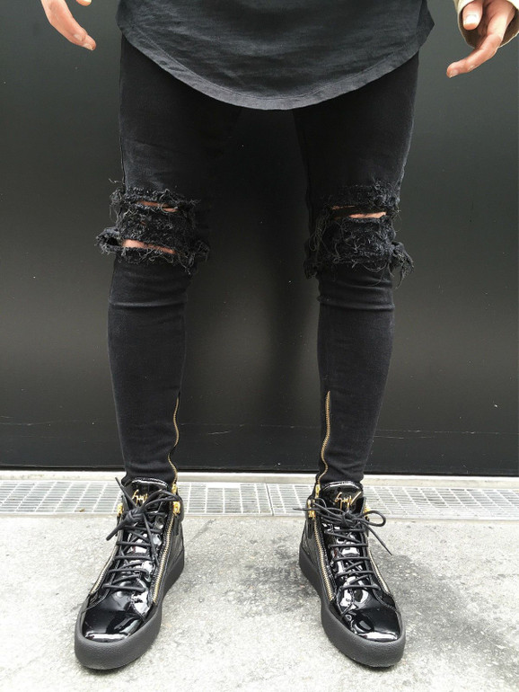 2017 Fashion Hole Jeans Handsome Men Straight Slim Pants Denim Jean Pants Ripped Black Skinny Trousers