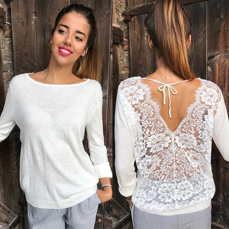 2017 Brand New Sexy Women's Longsleeve Loose Lace Back Casual Shirt Autumn Tops T-Shirt Fashion Women Clothes