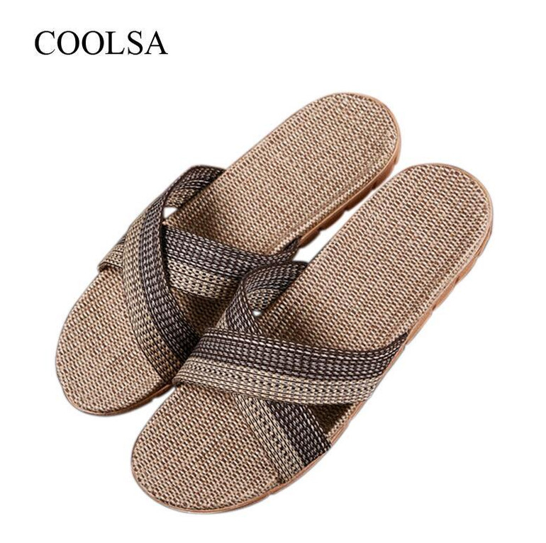 COOLSA Men's Non-slip Cross-tied Linen Slippers Fashion Flat Flip Flops Indoor Bathroom Slippers Men's Flax Slides Flip Flops